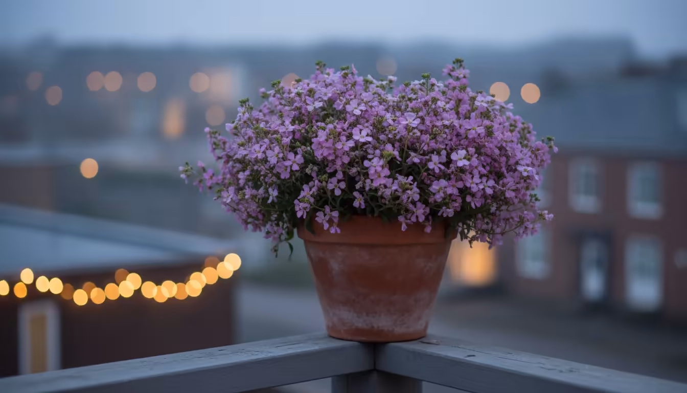 Densely planted terracotta pot of delicate purplish-pink Night Scented Stock on a balcony railing at twilight, urban lights blurred.