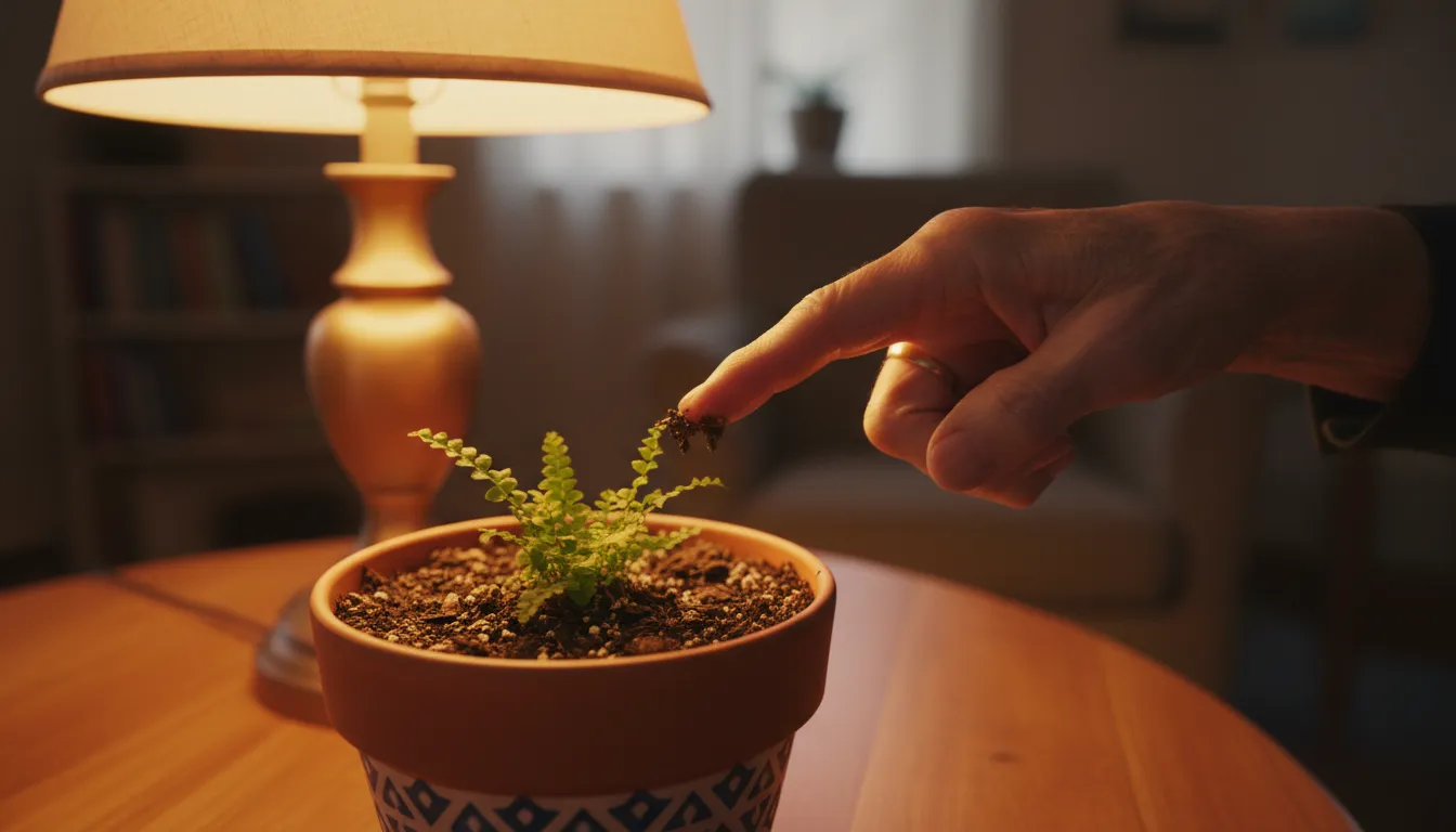 Close-up of a senior's hand with an index finger inserted into the soil of a potted houseplant, testing moisture.