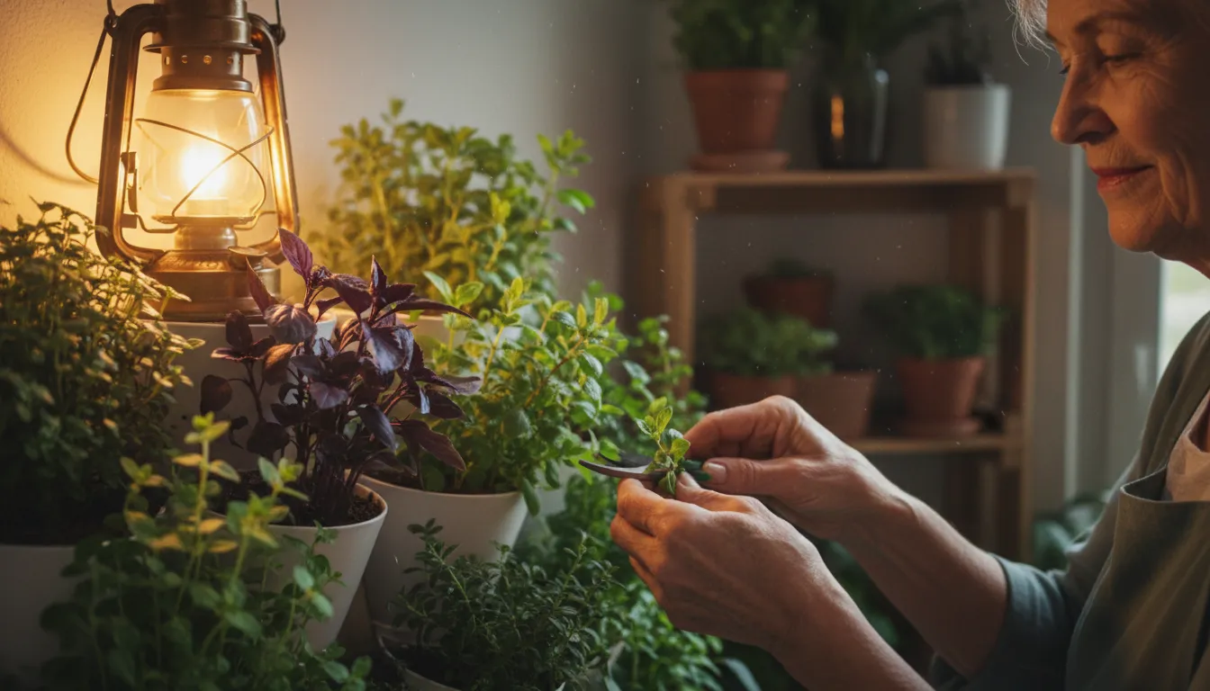 Close up of an older person's hands delicately touching green herbs in an indoor vertical garden under warm lamp light.