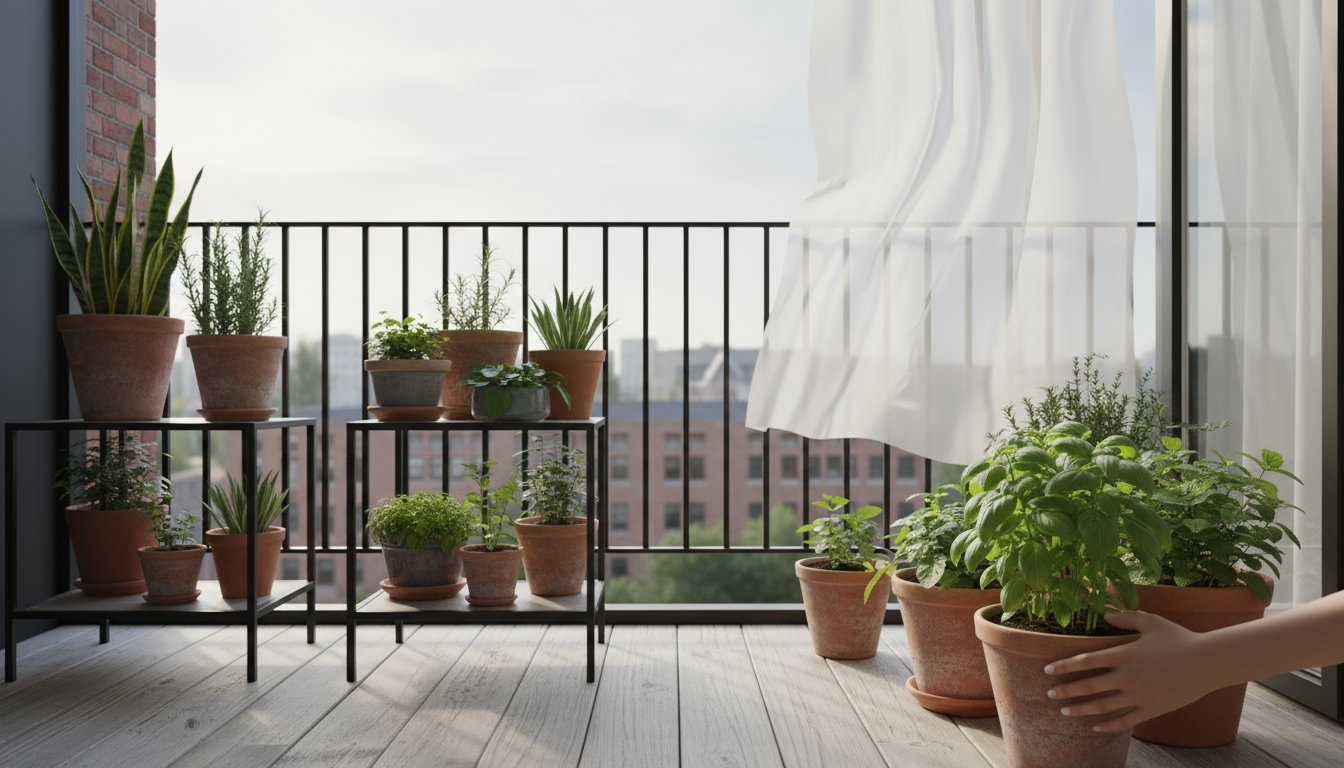 Hands gently wiping a tiny speck from the underside of a container plant leaf with a damp cloth on a sunny balcony.