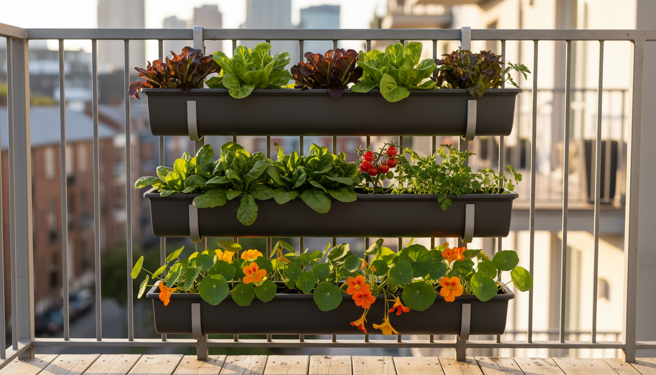 Close-up of a vertical planter on a balcony, showing pale, leggy greens stretching for light in shaded areas and vibrant, healthy plants in sunlit sec