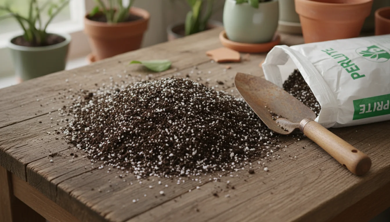 A detailed view of dark potting soil mixed with white perlite on a wooden surface, next to an open bag of perlite and a metal trowel.