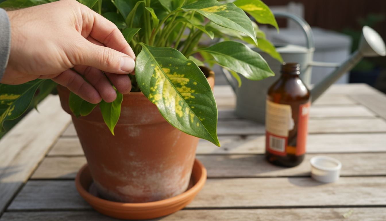 Hands drilling drainage hole in a vibrant tin can, next to a weathered leather boot planter with a small herb, on a workbench.