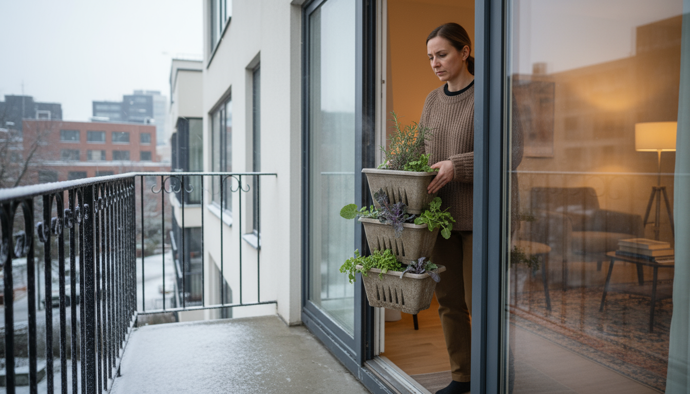 Close-up of hands applying coco coir mulch around a slightly parched herb in a dark grey felt vertical garden pocket on an urban balcony, with a drip