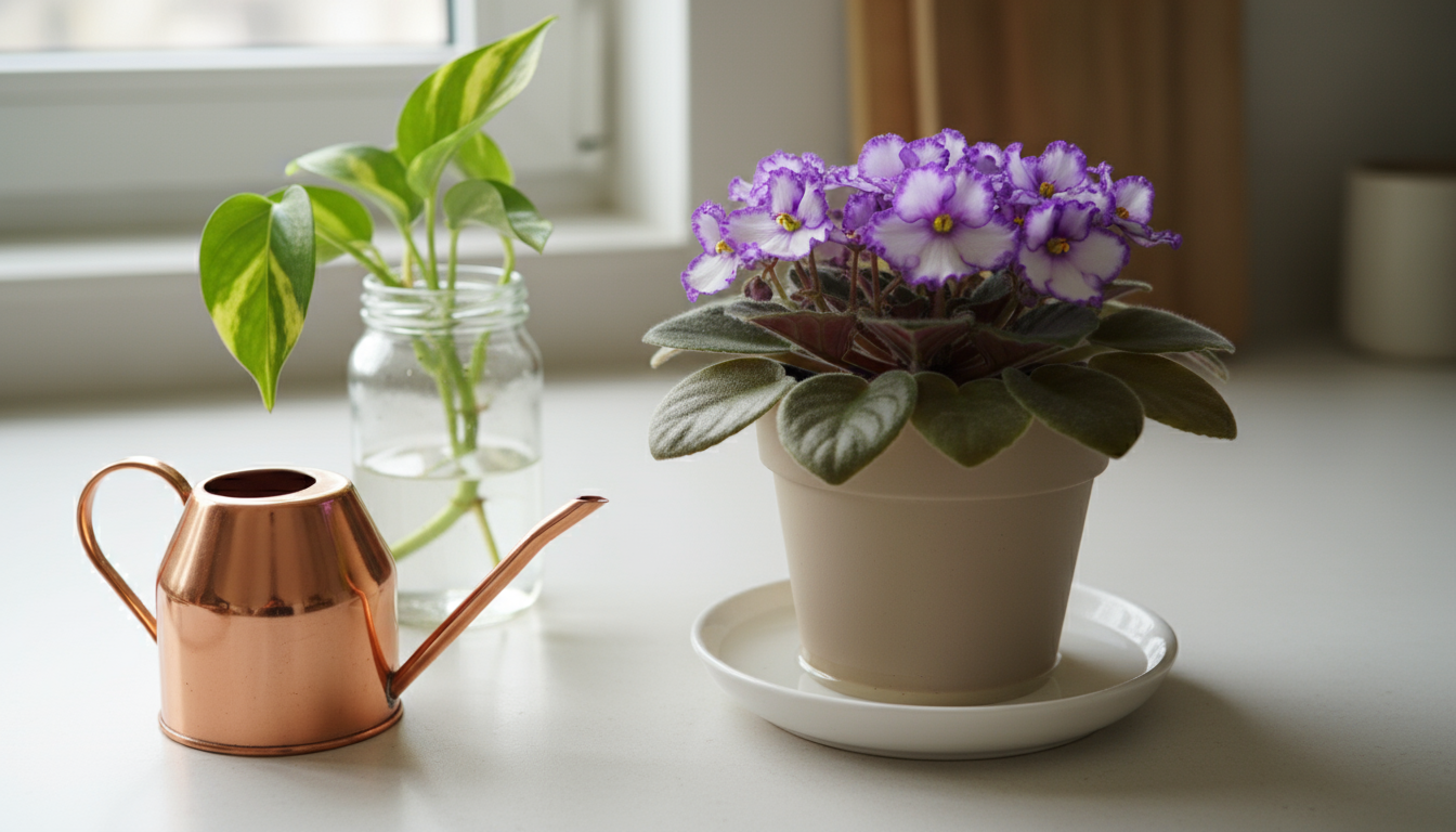 Cross-section of clear glass pot showing gravel, dark saturated potting mix above, lighter soil, and plant roots illustrating perched water table.