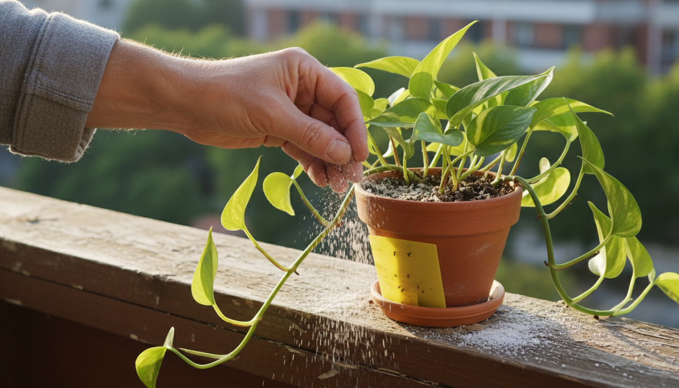 Close-up of a leggy 'Marble Queen' Pothos plant in a terracotta pot, with pale, sparse leaves and faded variegation, stretching for light on a windows