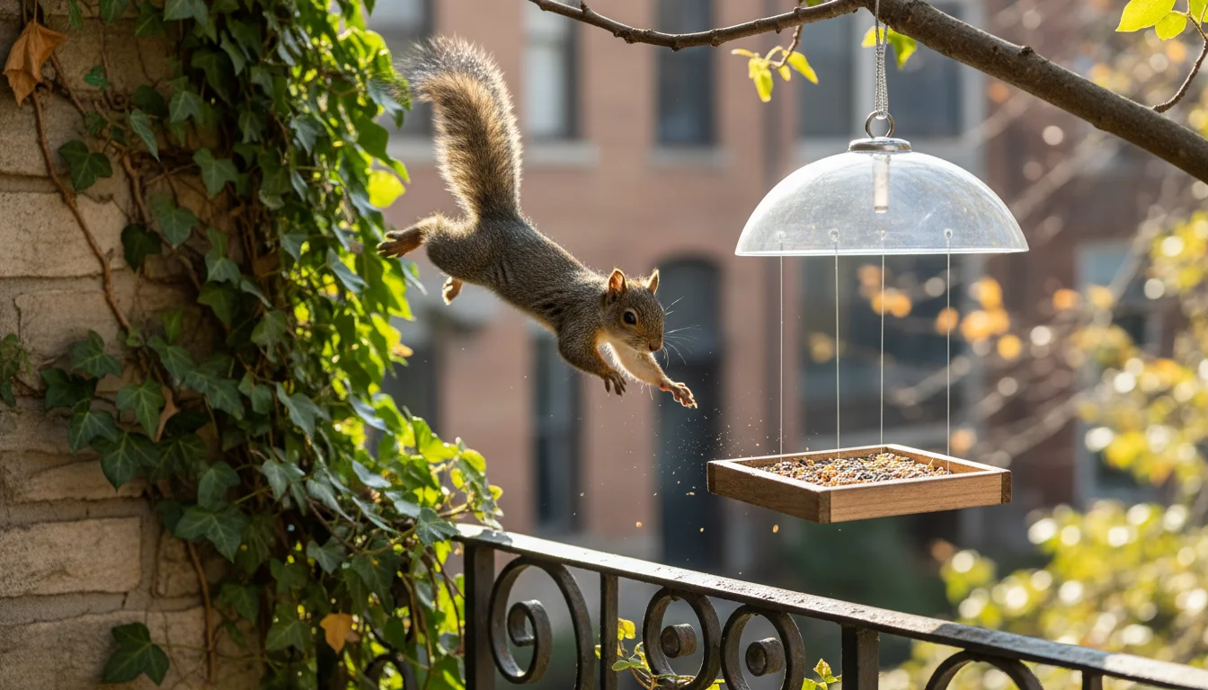 A determined squirrel leaps from a balcony railing towards a hanging bird feeder, just out of reach due to strategic placement and a dome baffle.