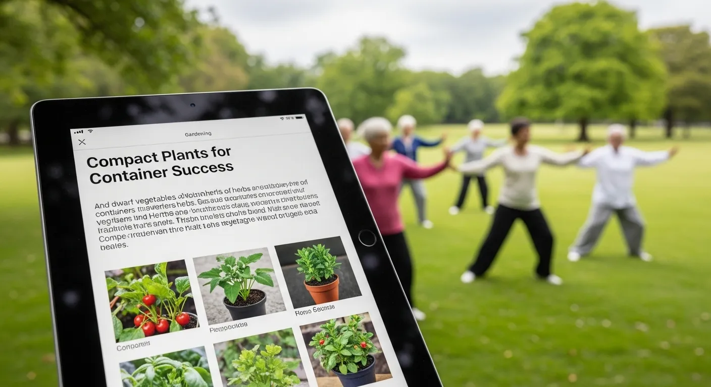 Tablet displaying a gardening article about compact plants, with a blurred background of seniors practicing Tai Chi in a park.