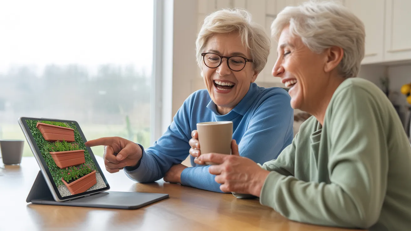 A medium shot of two seniors laughing at a kitchen table. One points at a tablet showing a container garden photo, the other holds coffee.