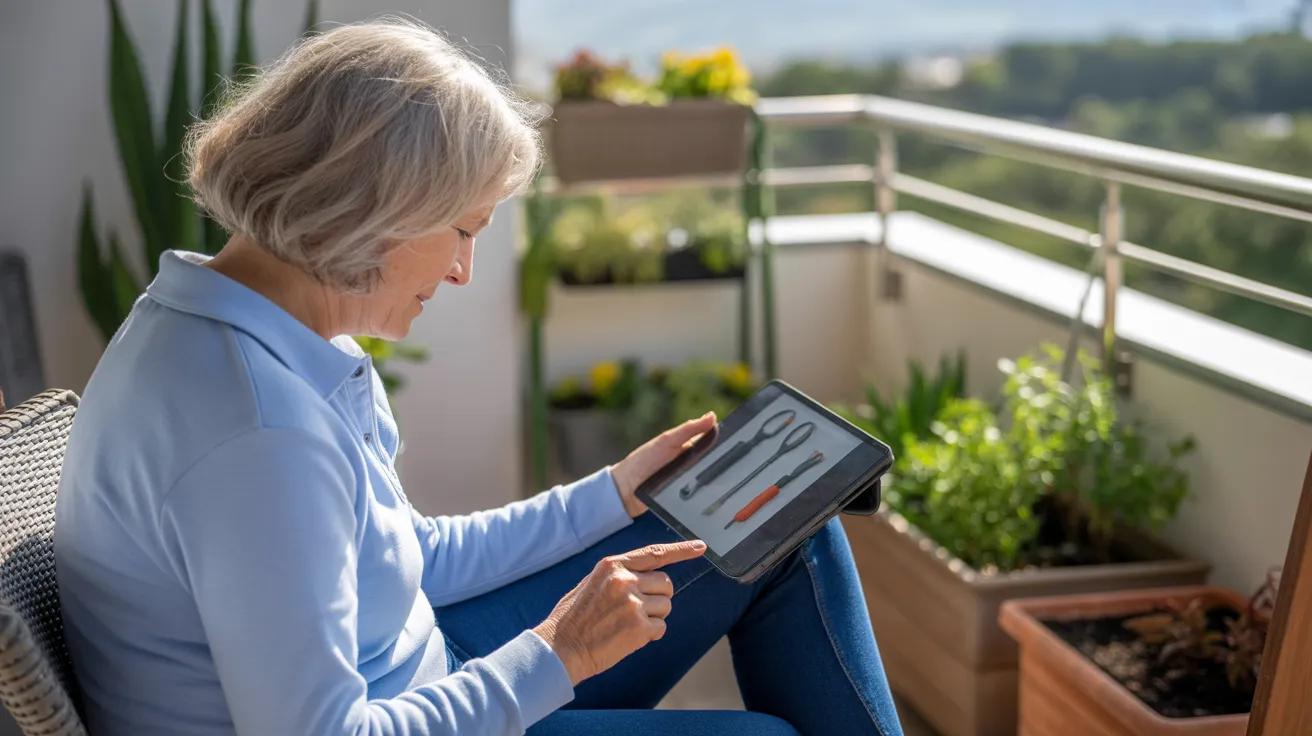 An ultra wide view of a senior woman on a sunny balcony, focused on a tablet showing ergonomic tools, with container plants and sharp shadows from mid
