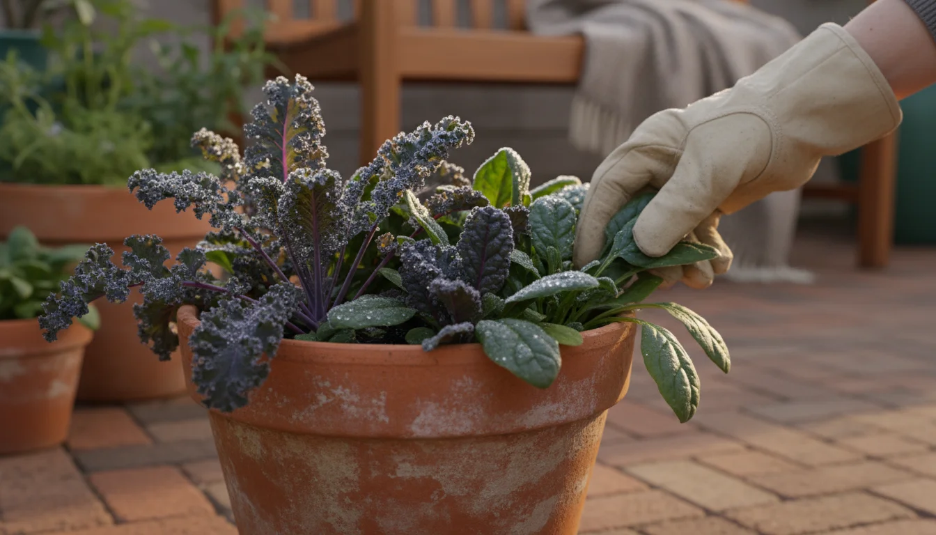 Close-up of dew-covered kale and spinach growing abundantly in a terracotta pot on a patio, with a gloved hand harvesting a kale leaf.
