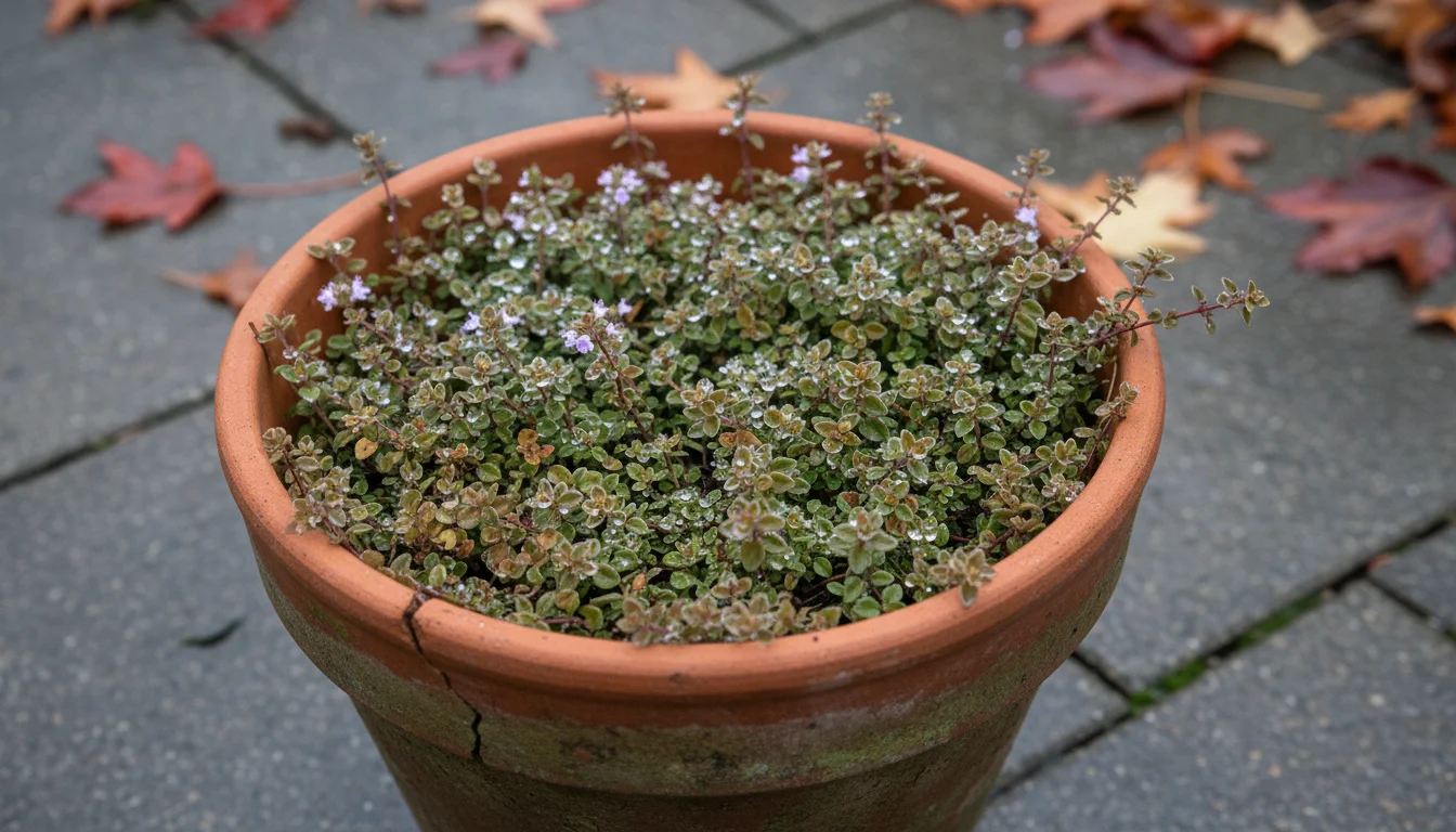Close-up of dewy creeping thyme in a terracotta pot, its soil naturally moist on a cool autumn morning.
