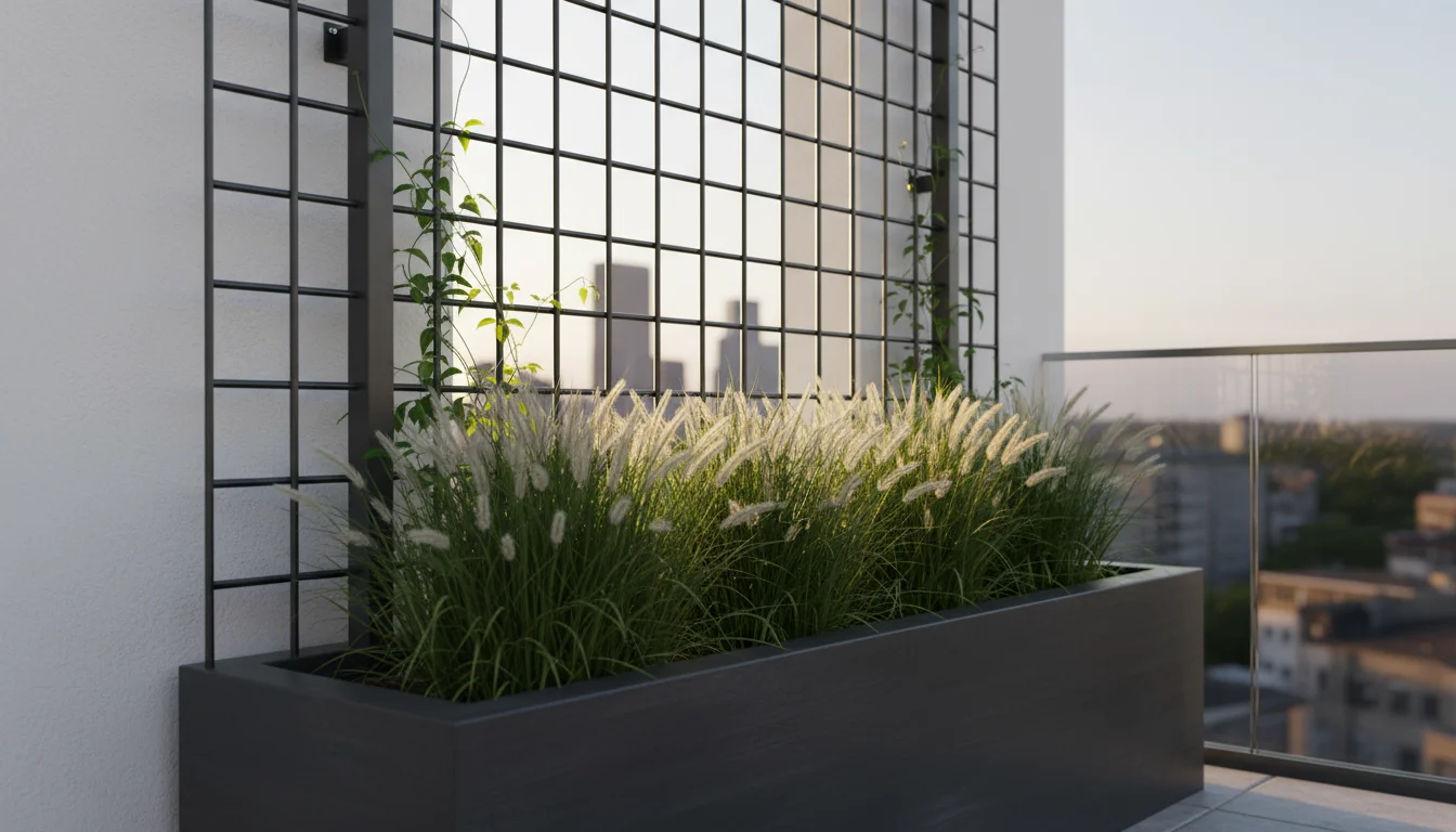 Diagonal shot of a balcony corner with a large gray planter of ornamental grass and a dark metal trellis with a climbing vine.