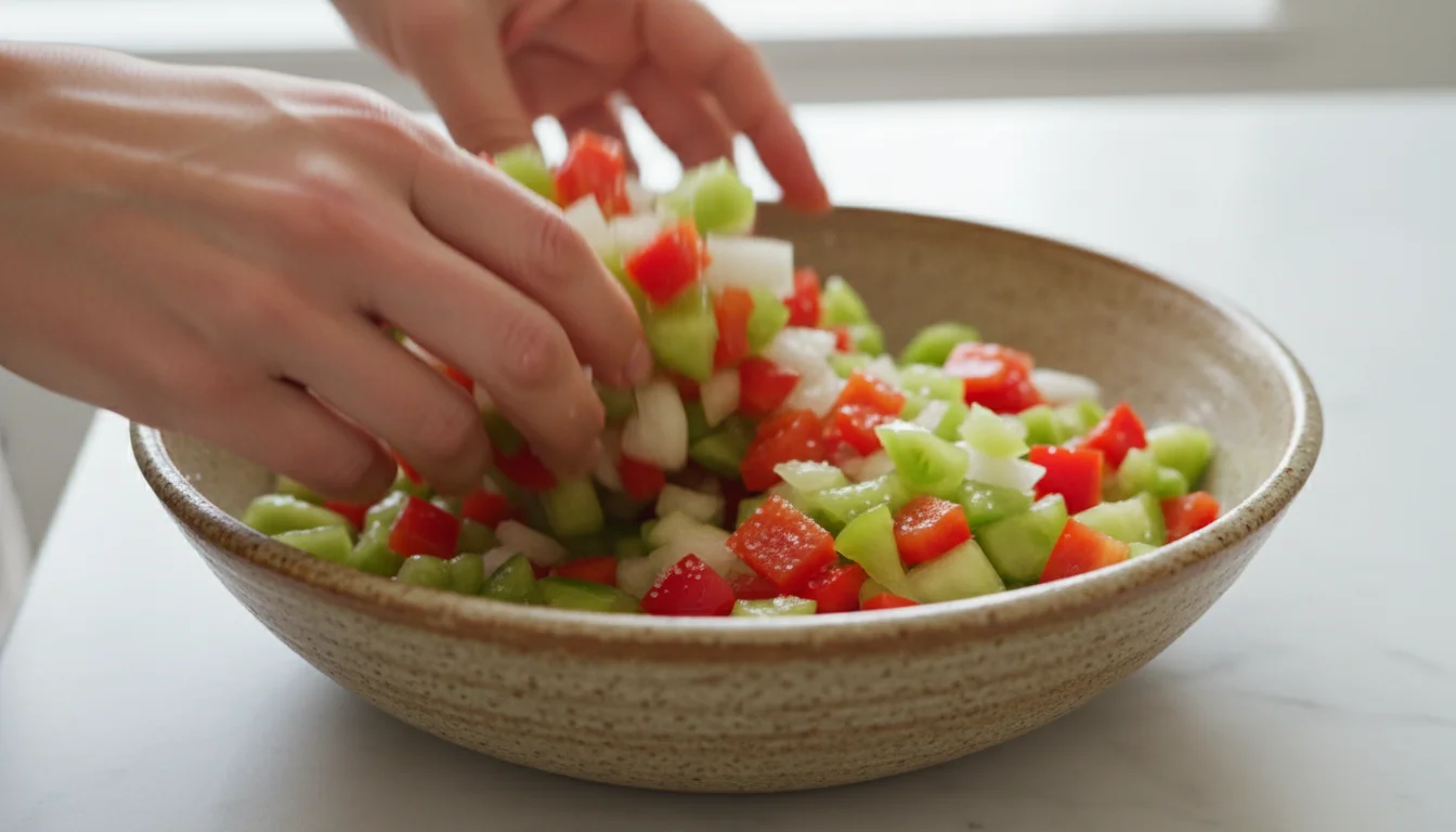 Diced green tomatoes, red bell peppers, and onions tossed with pickling salt in a rustic bowl by hands on a bright kitchen counter.