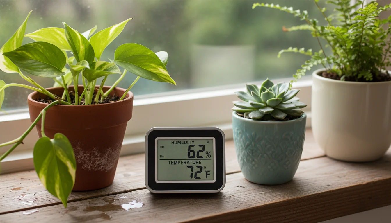 Digital hygrometer with a humidity reading placed on a wooden windowsill among a Pothos, succulent, and fern in containers.