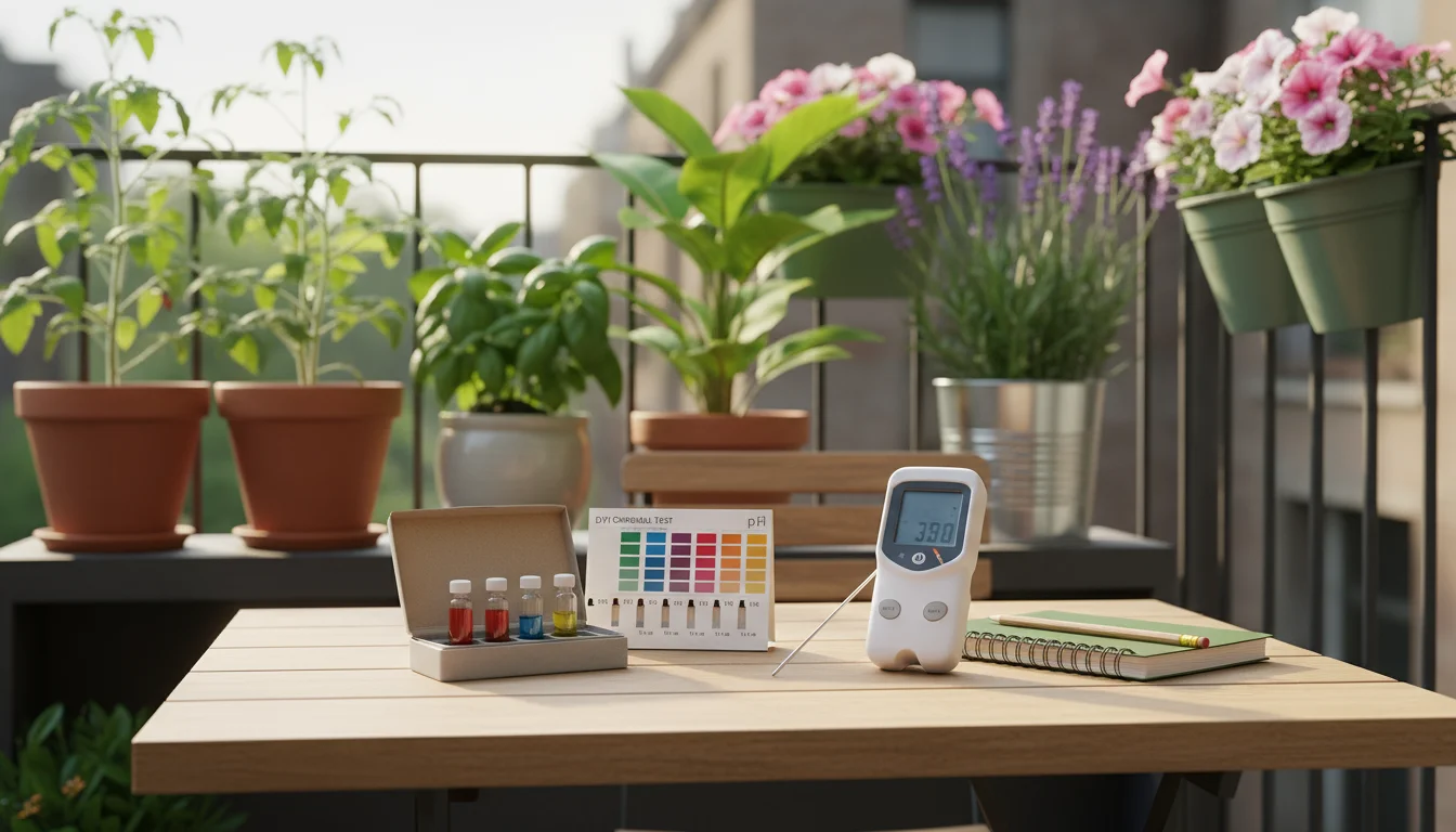 Digital pH meter and DIY chemical soil test kit on a light patio table, with blurred container plants like rosemary and petunias in sunlight.
