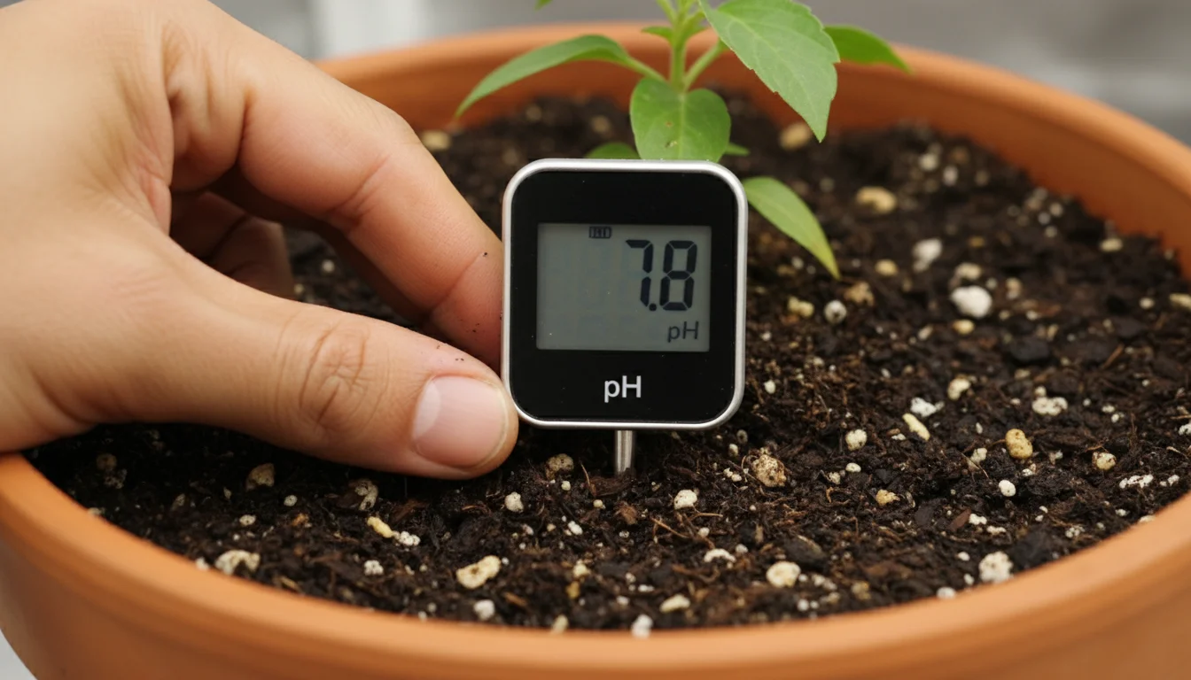 Close-up of a digital pH and nutrient sensor displaying a 7.8 pH reading, inserted into potting mix in a terracotta pot, with blurred lavender foliage