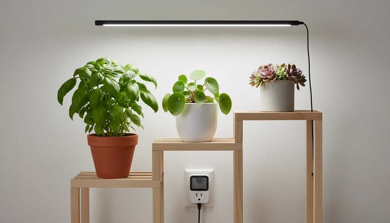 Digital outlet timer plugged into a wall, powering a white bar-style LED grow light above a shelf with three healthy container plants.
