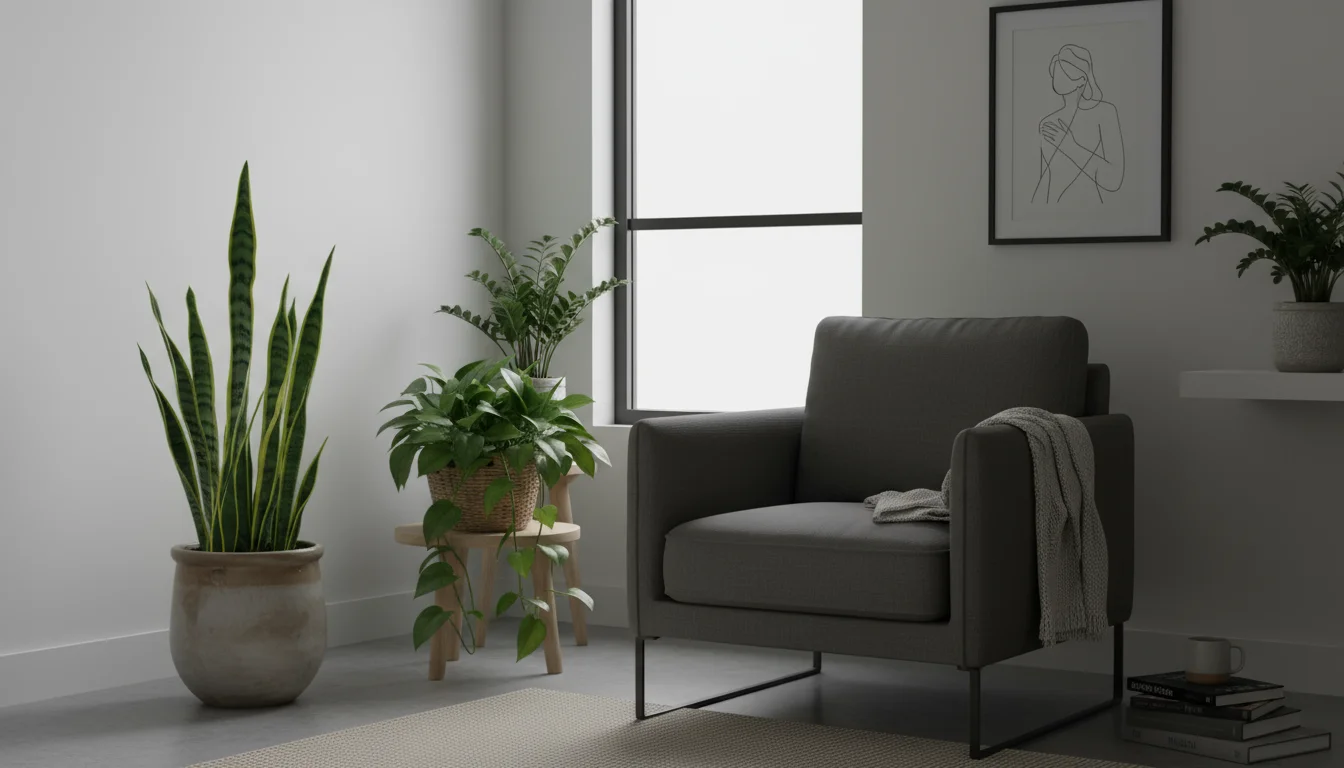 A dimly lit apartment corner featuring potted low-light plants: a tall snake plant, trailing pothos, compact ZZ plant, and cast iron plant.