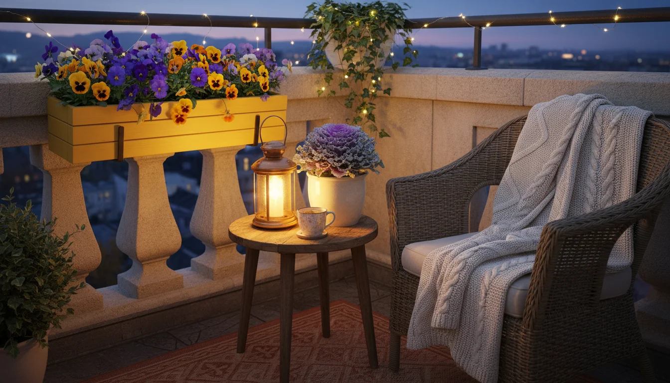 A dimly lit balcony corner at twilight, brightened by a glowing lantern, string lights, a reflective mirror, and pots of purple kale and yellow pansie