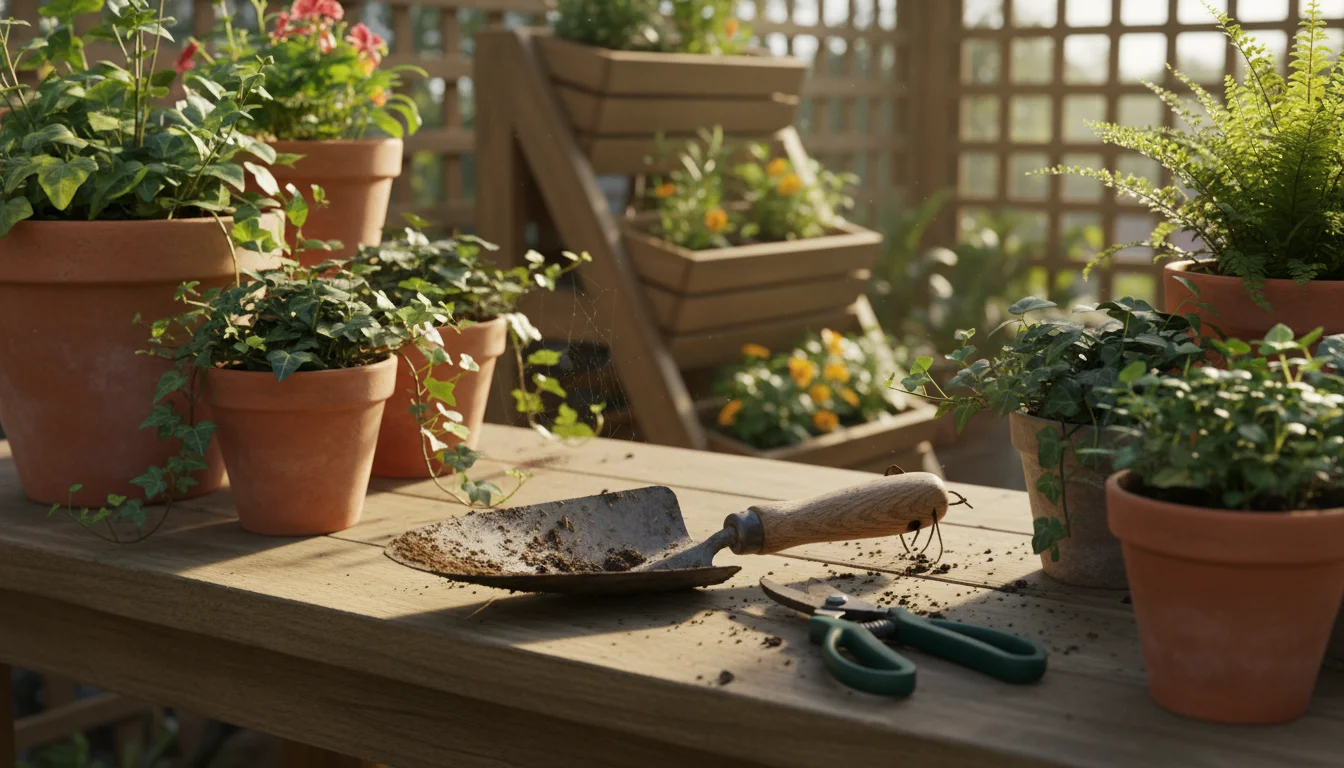A slightly dirty hand trowel and pruning shears rest on a wooden bench, surrounded by vibrant container plants in terracotta pots and vertical planter