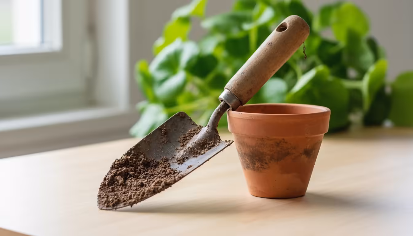 A dirty, rusted hand trowel leans against an uncleaned, reused terracotta pot on a wooden surface, with a healthy seedling blurred in the background.