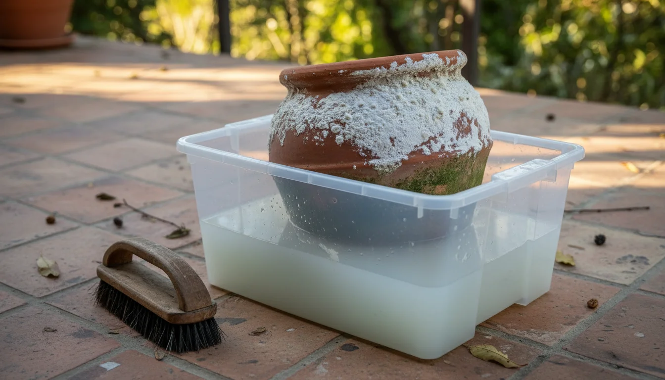 A dirty terracotta pot, half-submerged in a bin of vinegar solution on a patio, showing white mineral deposits and green algae. A scrub brush is nearb