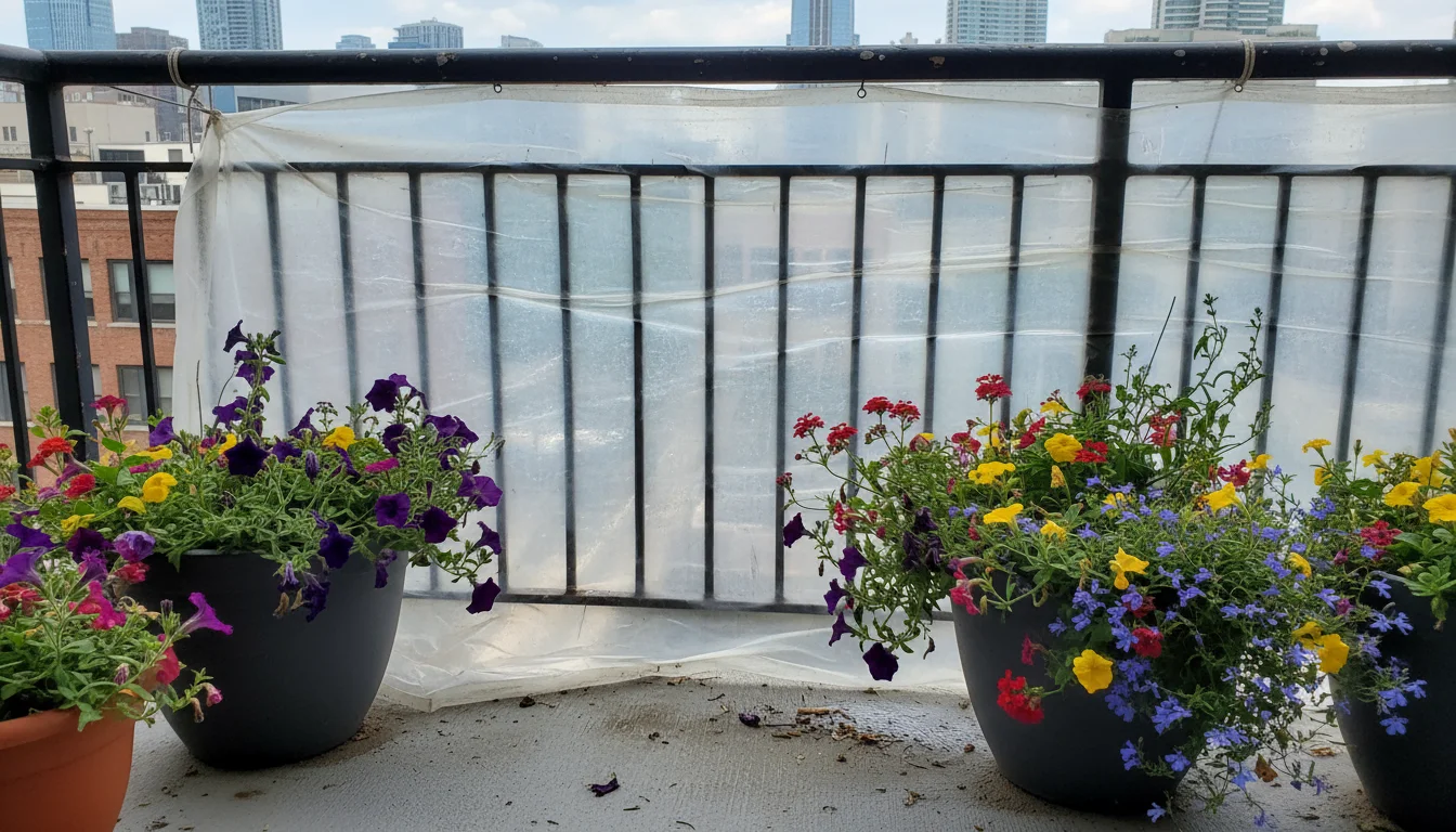 Dishevelled petunias in balcony planters behind a crinkled clear plastic tarp windbreak on an urban balcony, showing signs of turbulent wind damage.