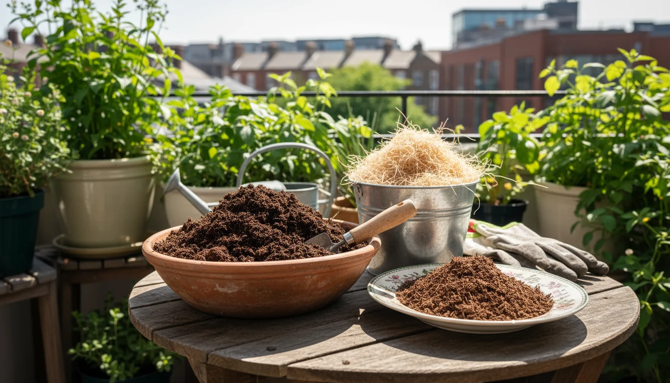 Display of peat-free potting mix components: dark compost in a terra cotta bowl, coir in a metal bucket, and bark fines on a ceramic plate.