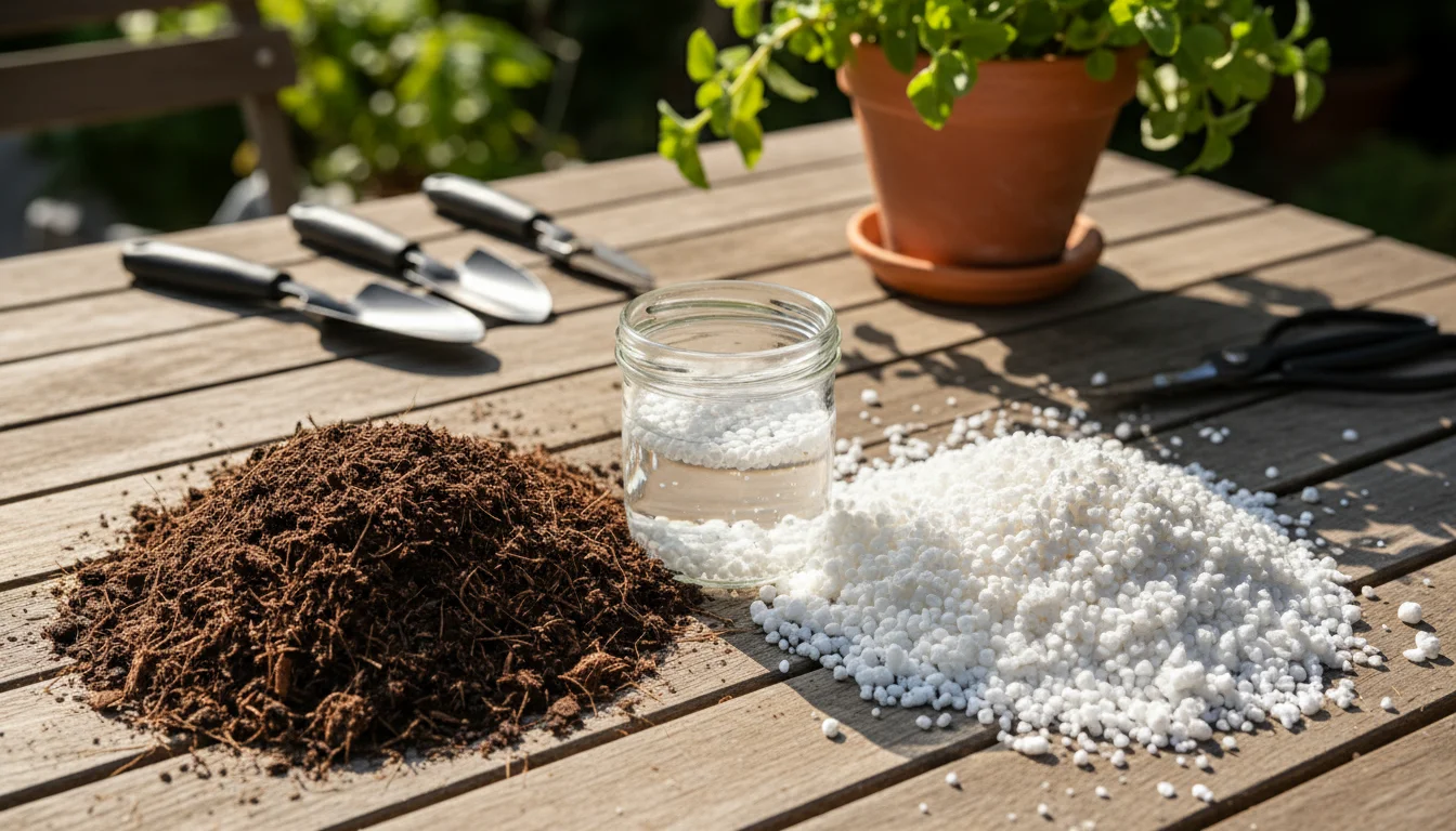 Overhead view of distinct piles of dark coco coir and white perlite on a wooden table, with perlite floating in water.