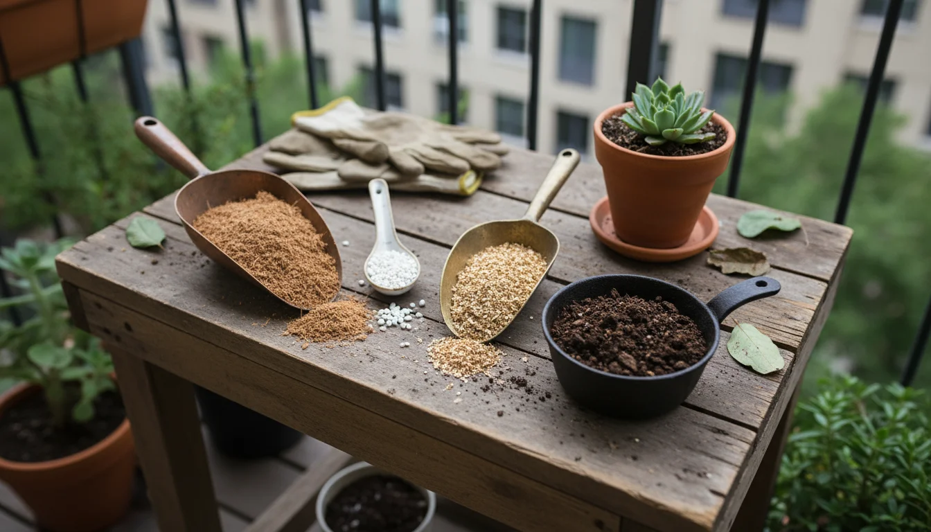 Close-up, slightly overhead shot of distinct potting mix ingredients (coco coir, perlite, vermiculite, worm castings) in scoops on a wooden bench, han