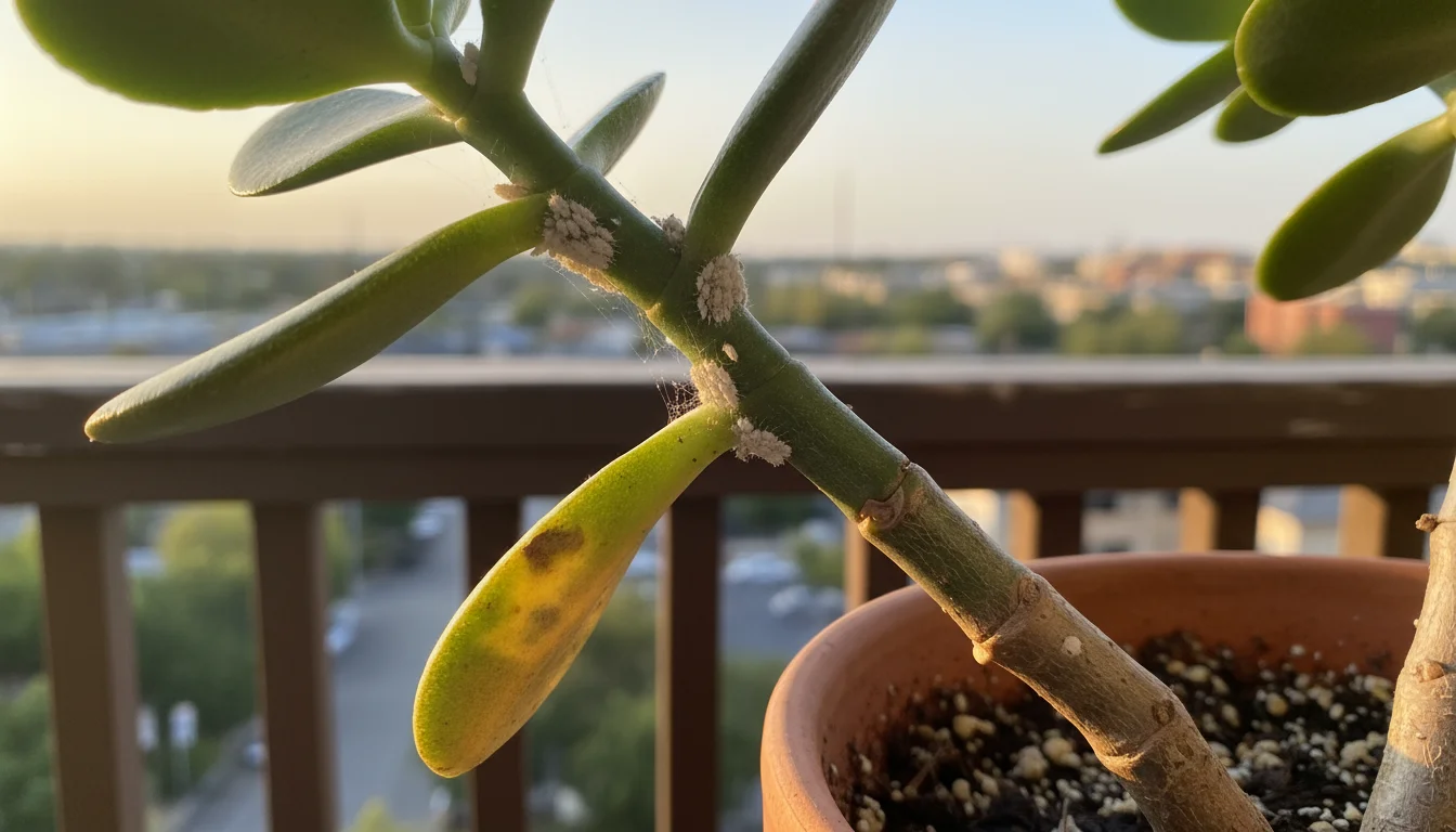 Close-up of distinct white, cottony mealybugs clustered on the stem and leaf axils of a jade plant in a terracotta pot.