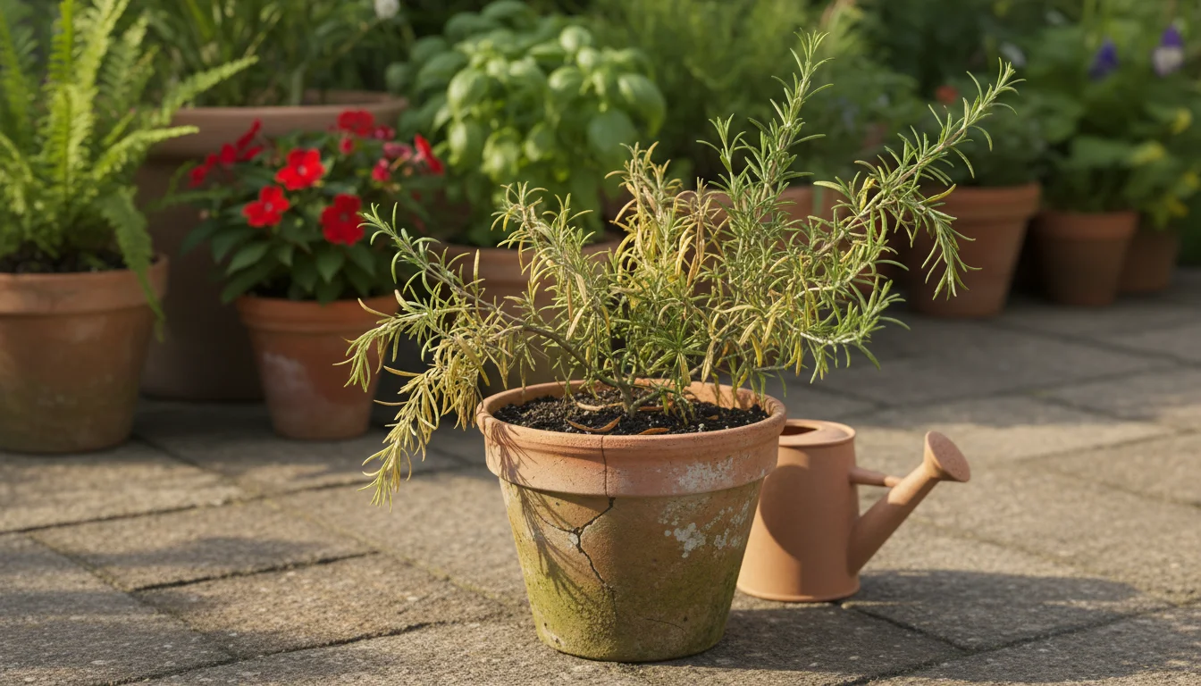 Distressed rosemary plant in a terracotta pot on a patio, displaying yellowing lower leaves and drooping foliage.