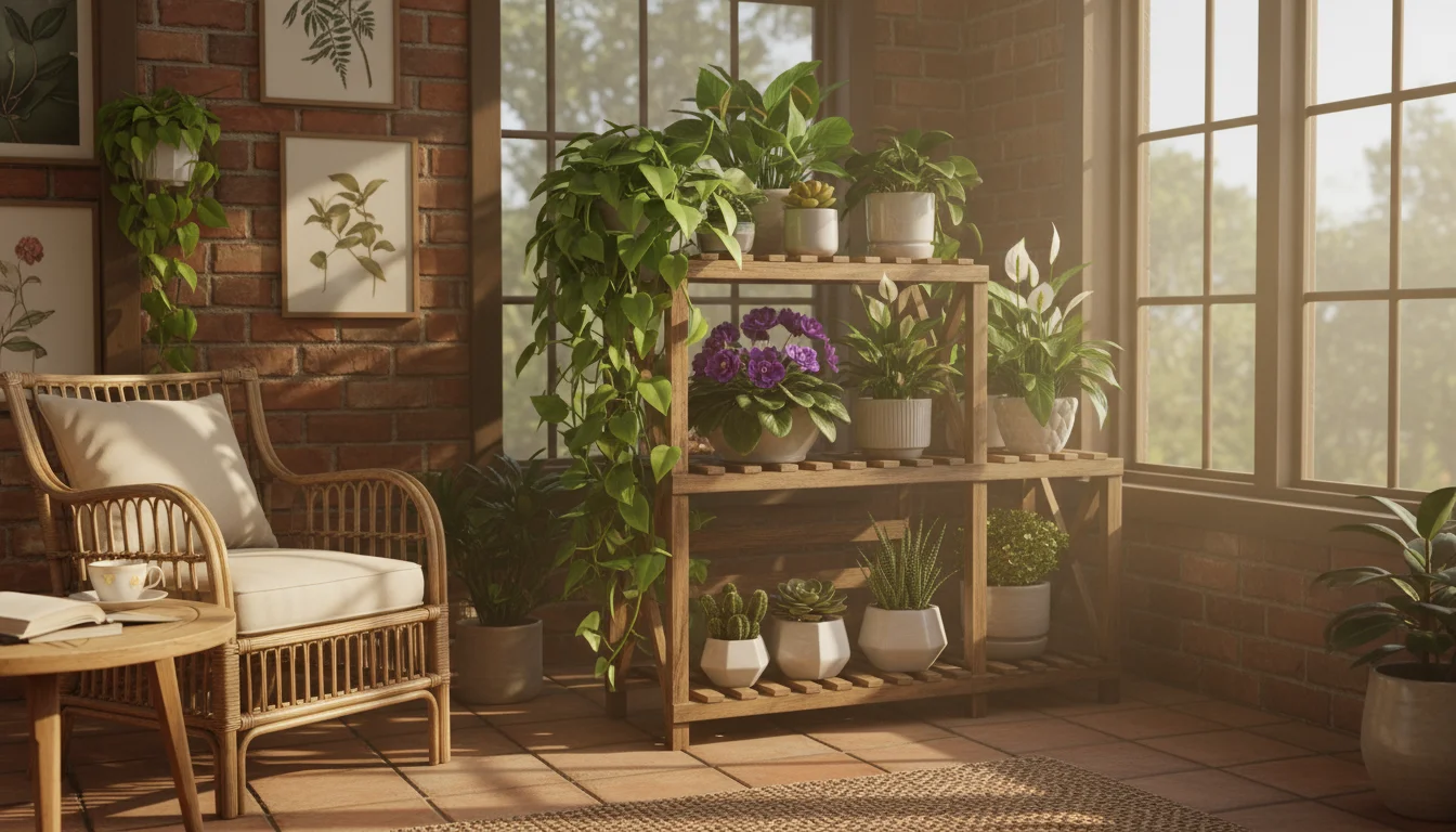 A diverse array of healthy container plants, including foliage, flowering, succulents, and herbs, arranged on a sunlit tiered stand in a cozy patio co