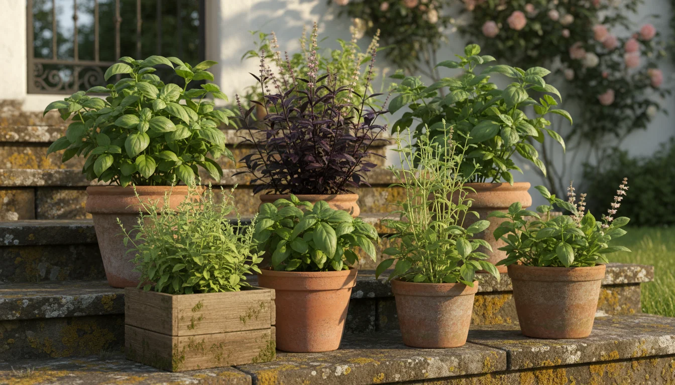 Diverse basil plants in various containers on sunlit stone steps, thriving in a compact patio garden setting.