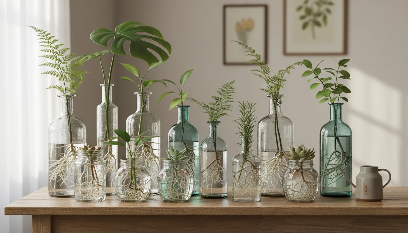 A diverse collection of clear and subtly tinted glass jars and bottles on a distressed wooden table, each holding plant cuttings with visible roots.