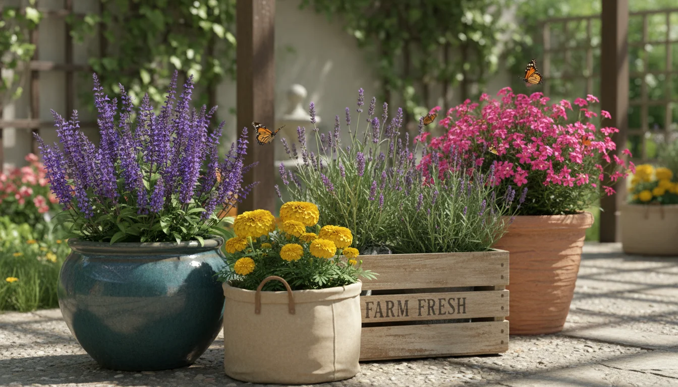 Diverse container garden on a patio with glazed ceramic, fabric grow bag, repurposed wooden crate, and recycled plastic pots, all with flowering plant