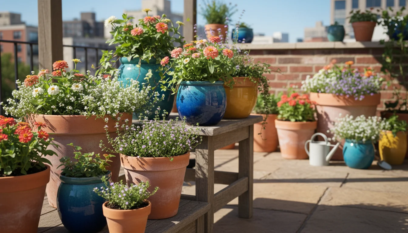 Slightly elevated view of diverse container garden on a patio with small-flowered plants, a shallow water dish, and a subtle ladybug.