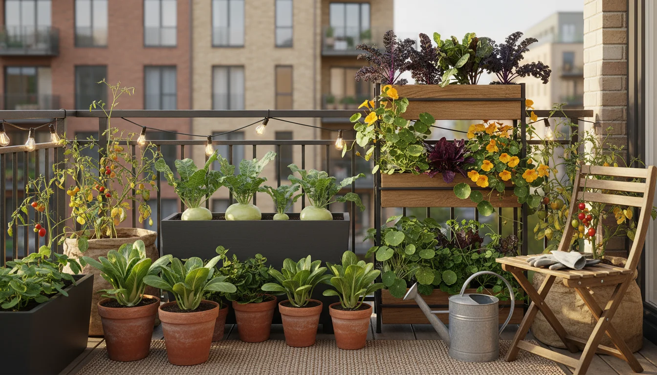 A diverse container garden on an urban balcony in autumn, featuring healthy pak choi, kohlrabi, and turnip greens.