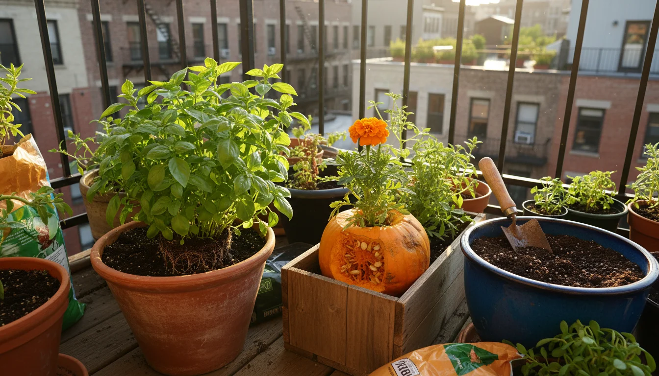 Diverse container gardens on an urban balcony with flourishing plants, rich compost, and a pumpkin base.