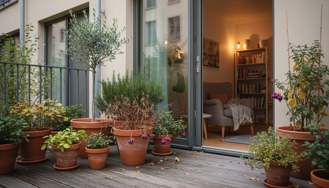 Diverse container plants grouped on a small patio in soft autumn light, with an indoor space visible through a glass door, hinting at overwintering de
