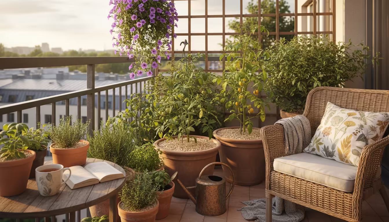 Diverse container plants grouped tightly on a sun-dappled balcony, with mulched pots and a watering can, creating a protective microclimate.