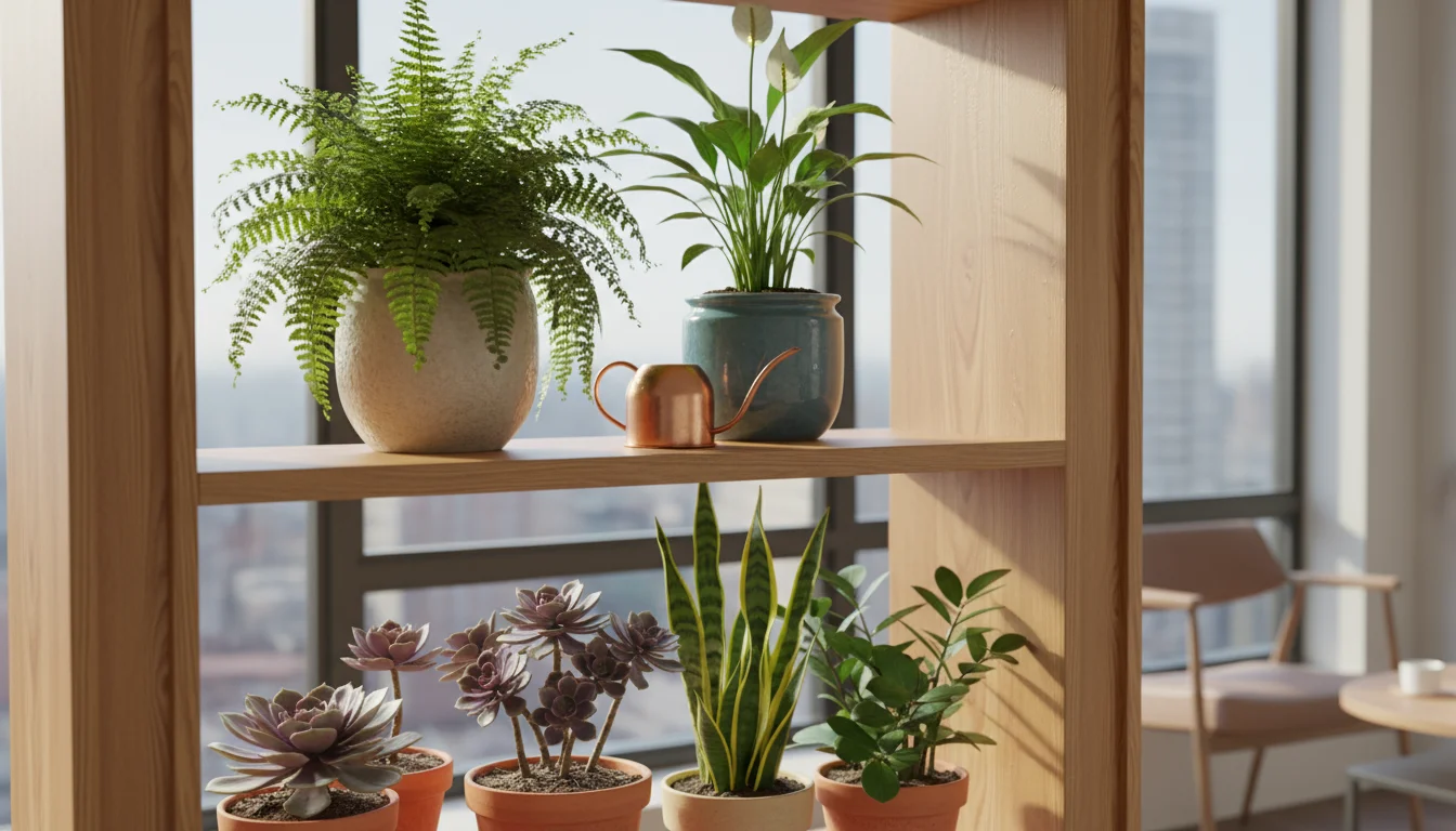 Diverse container plants on a wooden shelf in a sunny apartment corner. Lush fern and peace lily, succulents, snake plant, and ZZ plant.