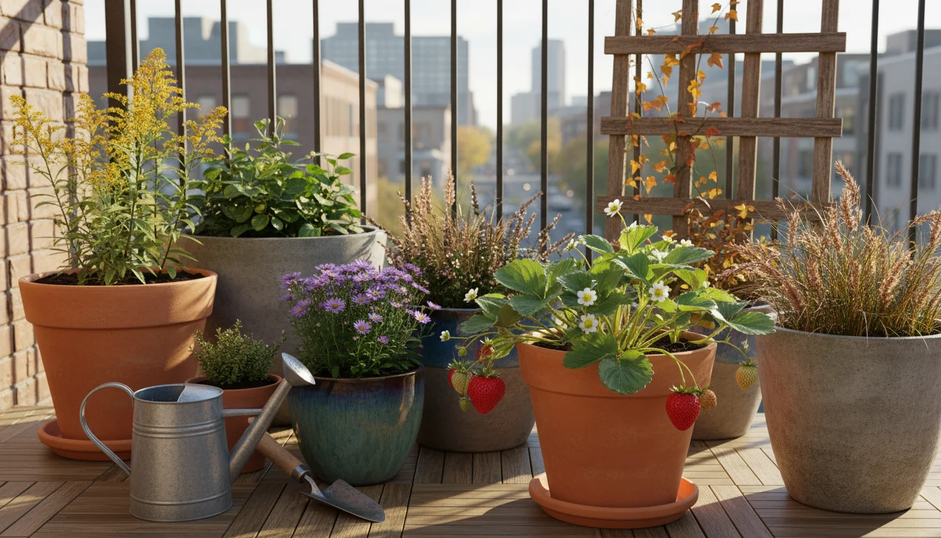 Diverse container pots on an urban balcony in morning light, one pot with freshly planted, undisturbed soil.