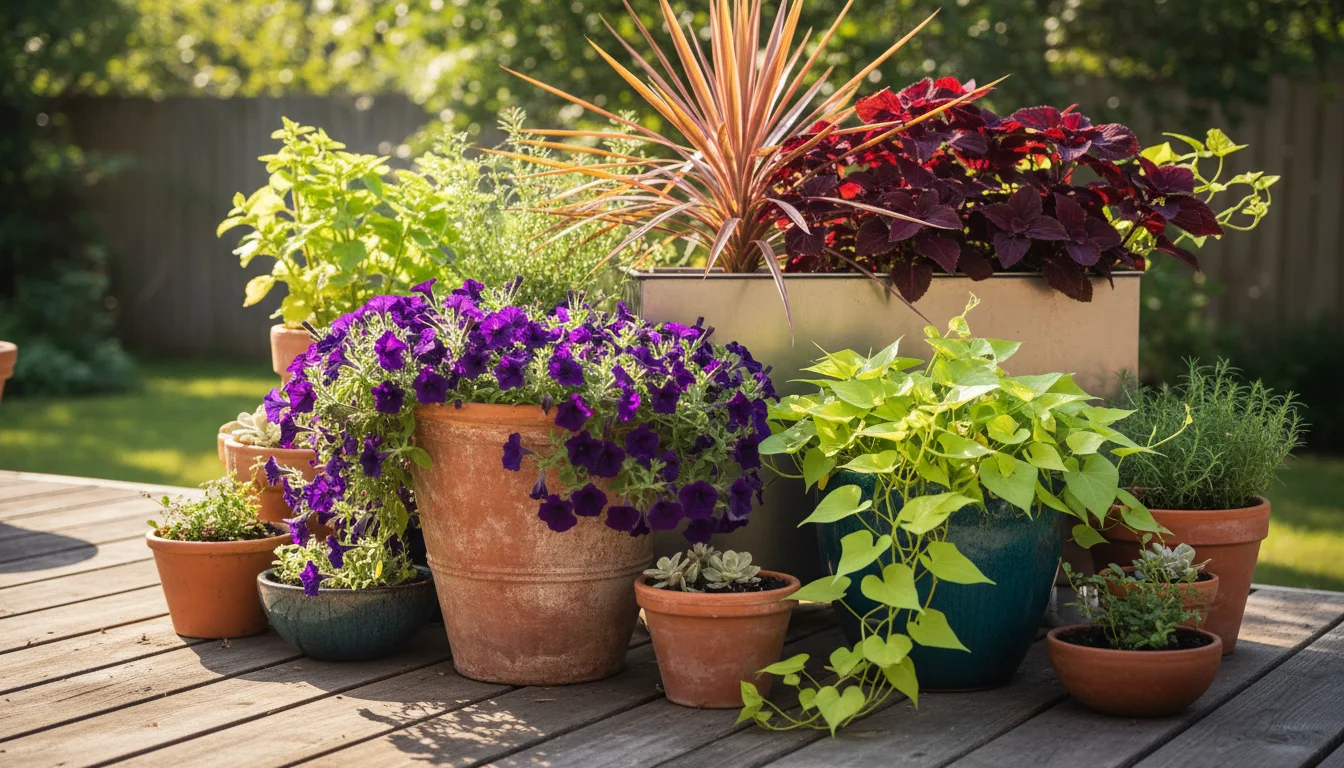 Close-up of diverse containers on a deck, showcasing colorful plants like violet petunias, chartreuse vine, red yucca, and burgundy coleus.