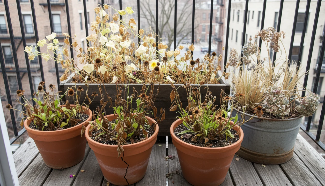 Diverse containers on an urban balcony hold dried plant stalks and spent flowers, providing winter shelter for insects.