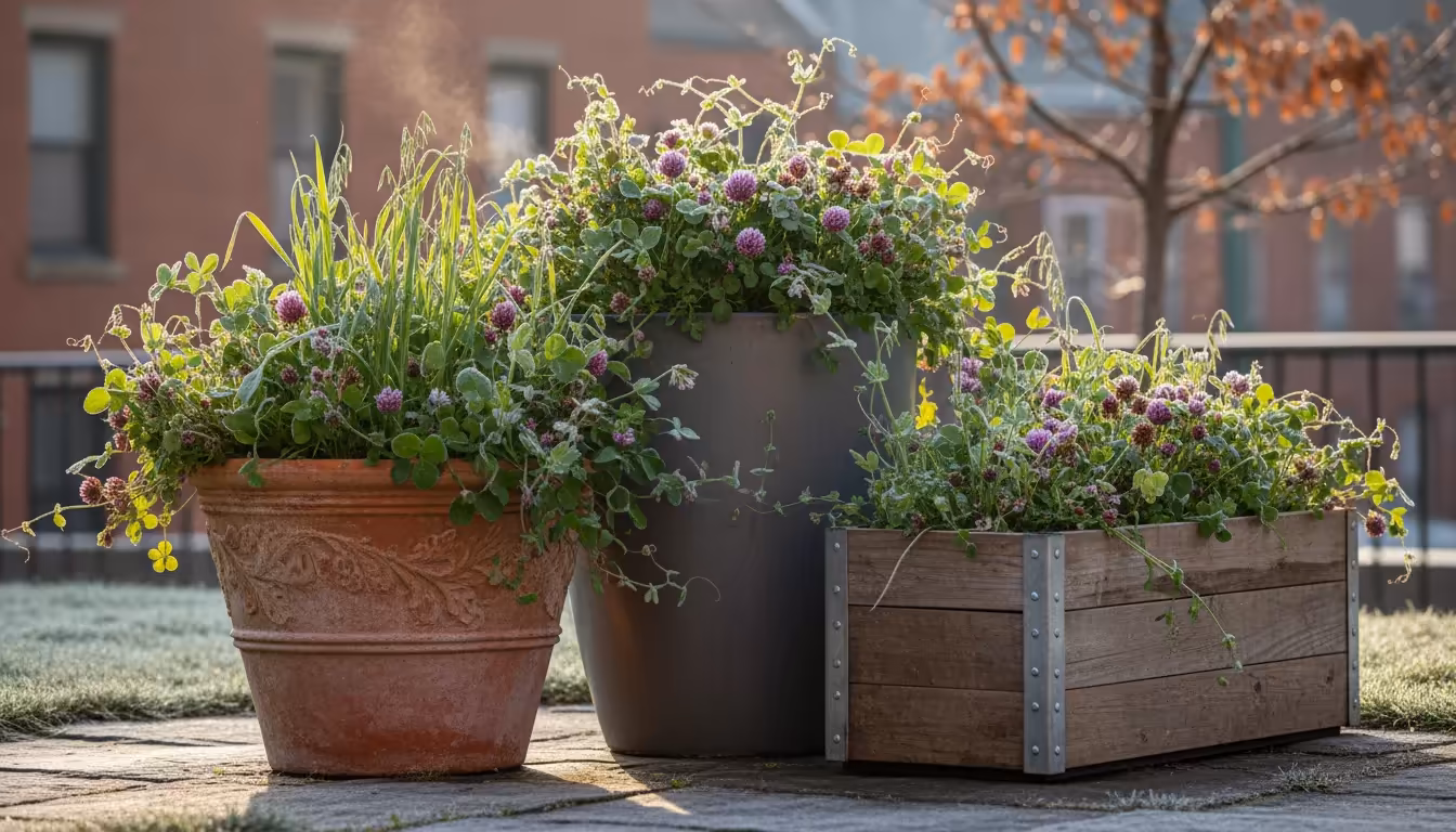 Diverse containers with vibrant, dew-kissed fall cover crops thriving on a small urban patio, a warm mug resting nearby.