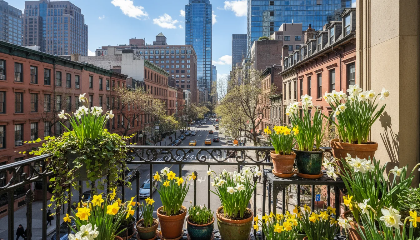 Diverse daffodils, including mini-daffodils, poeticus, and split-corona types, blooming in pots on a metal tiered stand on an urban balcony.