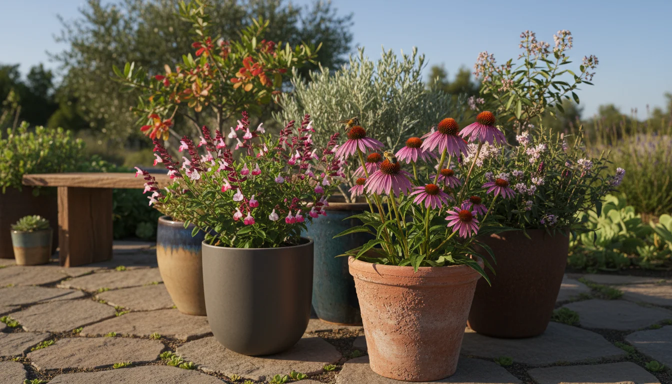Diverse drought-tolerant native plants like coneflower, salvia, bluestem, and prickly pear thriving in various containers on a sunny patio, attracting