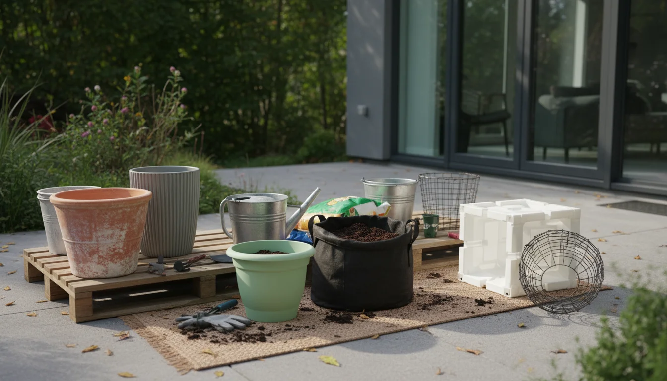 Diverse empty containers: terracotta, ceramic, fabric, plastic, and vertical planter module, arranged on a patio. Soft light, gardening tools nearby.